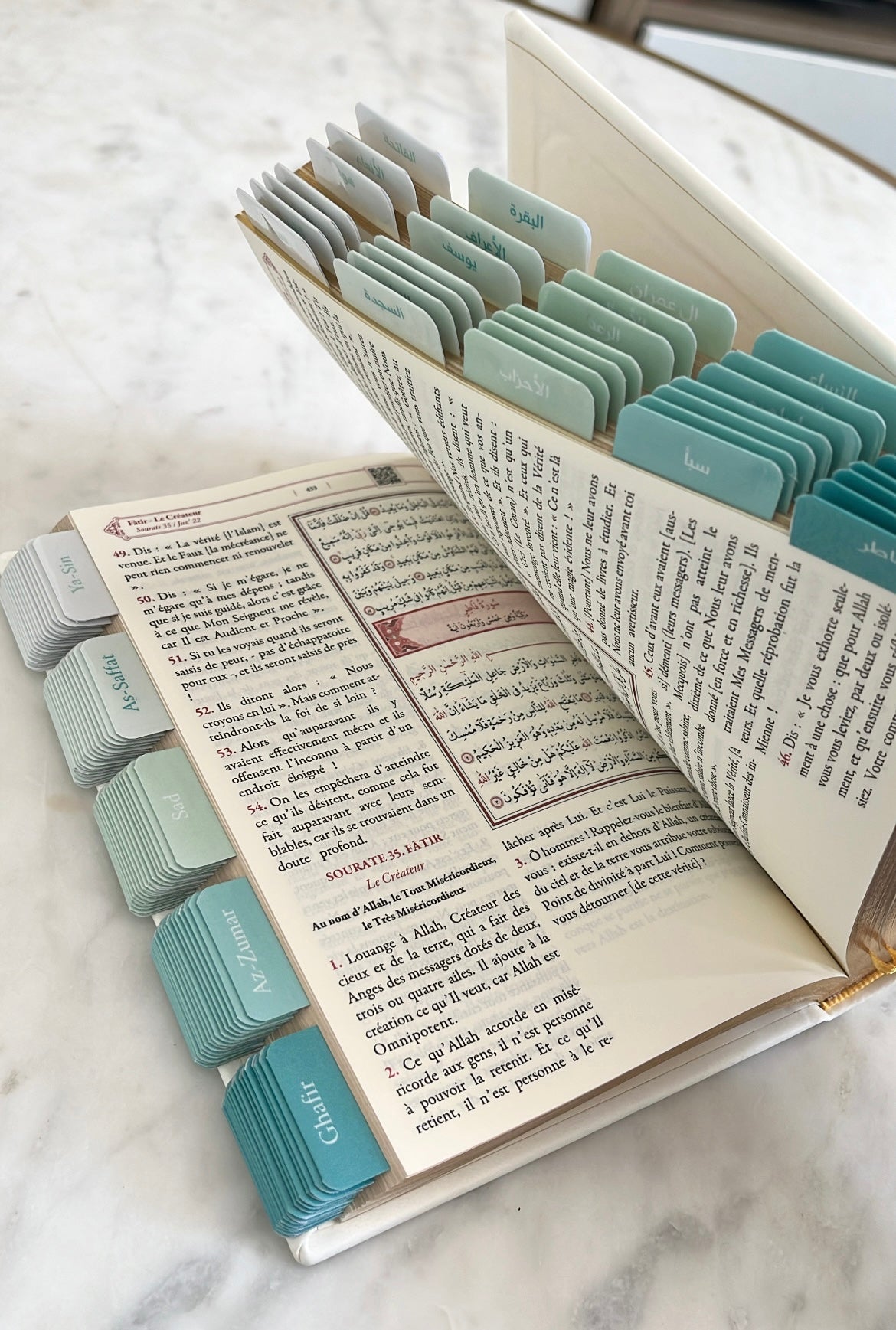 Coran avec onglets Sourate - Blanc et Turquoise (FR)